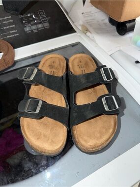 Black Double Buckle Slide Sandals off brand Birkenstocks